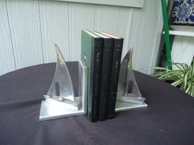 pair art deco sail boat yacht cast iron bookends aluminium