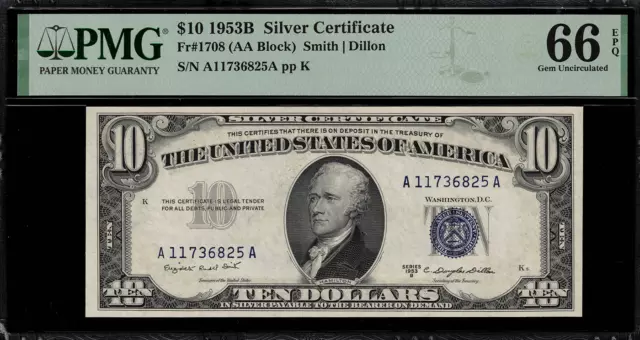 1953B $10 Silver Certificate FR-1708 - Graded PMG 66 EPQ Gem Uncirculated