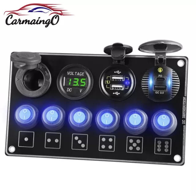 6 Gang Circuit Toggle Switch Panel Breaker Voltage USB Charger Car Marine Boat