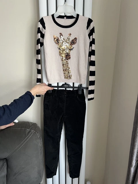 M&S / TU - Girls Black Trousets & Jumper / Sequins Giraffe Bundle - Size 9 Years