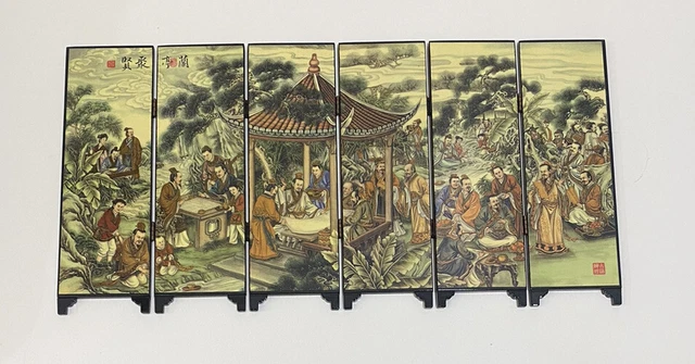 Mini Small Traditional Chinese Lacquer Ware Wood Screen Gift In Box - Gold Tones