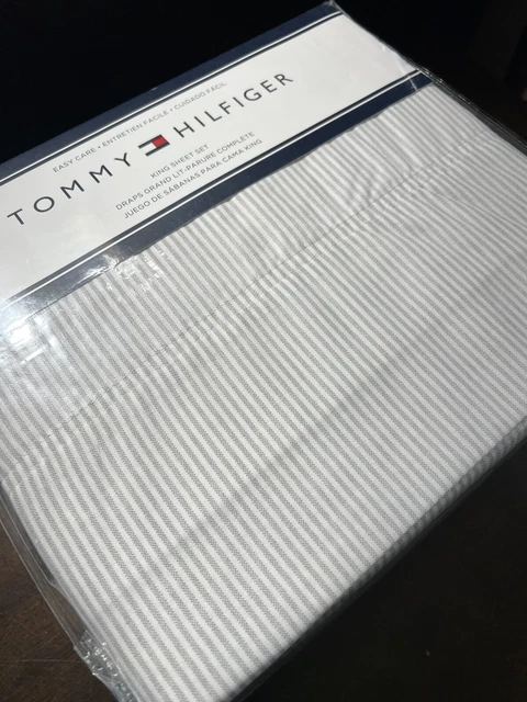 TOMMY HILFIGER NEW!!! KING SHEET SET STRIPES GREY Easy Care FARM COTTAGE BEACH