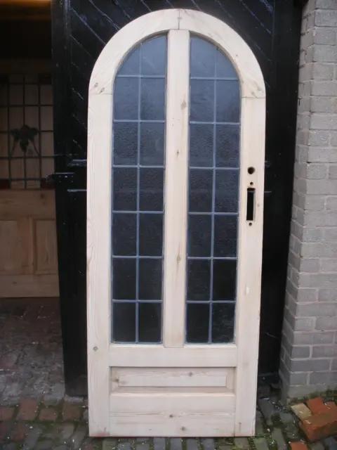 Reclaimed 1930s stripped pine glazed/leaded arched exterior door