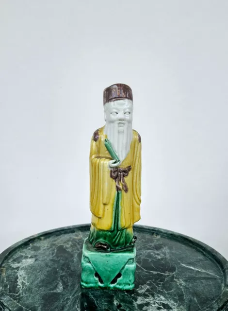 Antique Chinese porcrlain figurine scientist with scroll Sancai 1890-1919