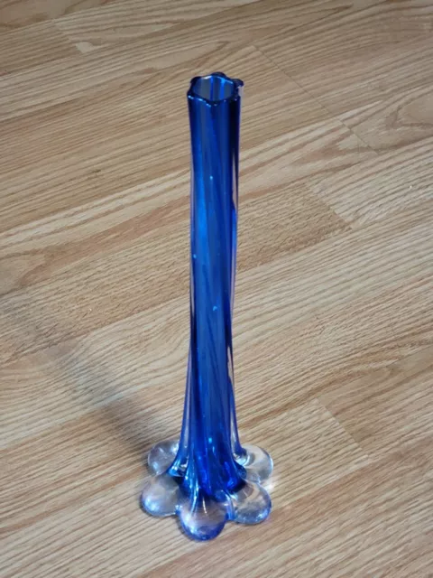 Vintage 11" Cobalt Blue Twisted Ribbed Neck Art Glass Bud Vase Hand Blown