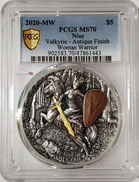 2020 2 Oz Silver $5 Woman Warrior VALKYRIE PCGS MS70 Gold Shield Small Slab Coin