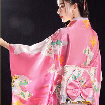 Japanese Lady Kimono Satin Floral Yukata Bride Nightgown Pajama Dress Costumes 3