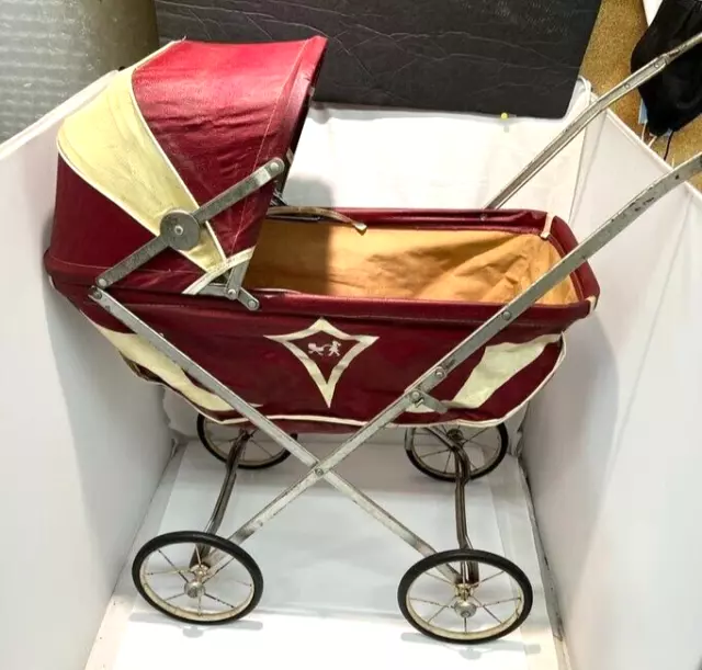 Vintage Collapsable Doll Baby Buggy Maroon/White 28 x 13 1/2 x 26