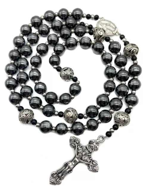 HEMATITE ROSARY BLACK Stone Beads Metal Beaded Necklace Mary Miraculous ...