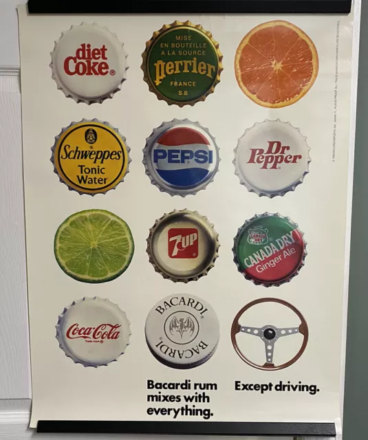 vintage 1986 BACARDI RUM Bar Poster Anti-Drunk Driving Coke Pepsi 7up Dr Pepper