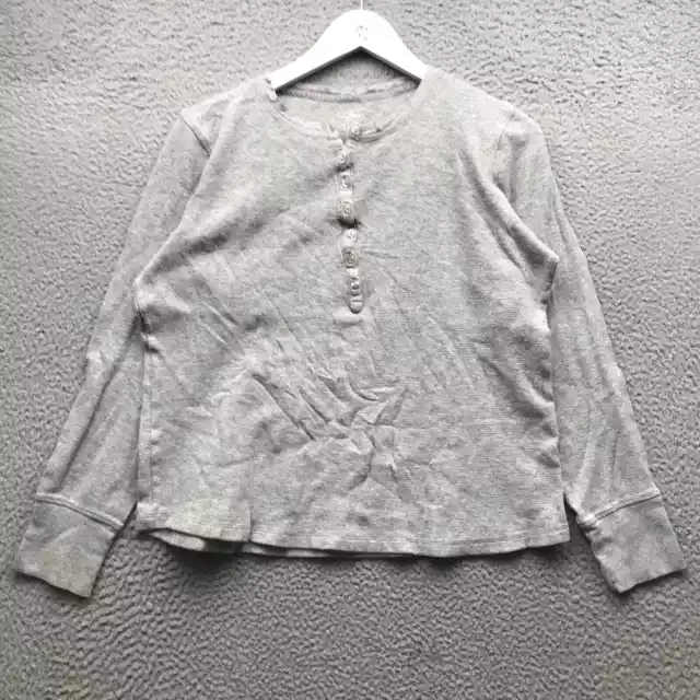 LL Bean Thermal Shirt Womens Large Long Sleeve Henley Waffle Knit Heathered Gray