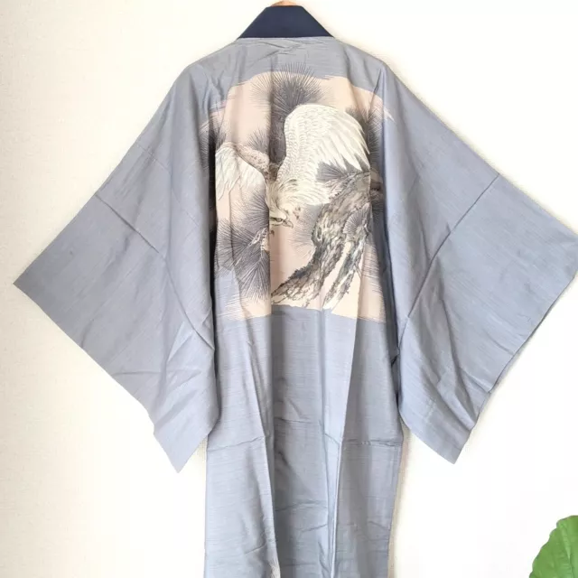 Kimono Japanese Antique Silk Eagle Pattern Gown/Juban/Loungewear Gray Cosplay
