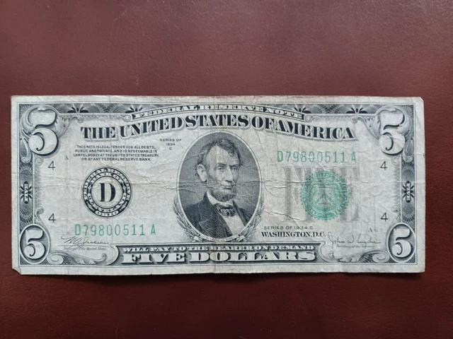 1934 C Five Dollar Bill Federal Reserve Note - Cleveland - Circulated - RARE