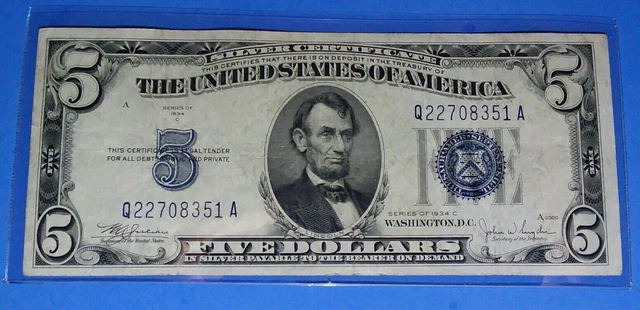 *1934-C ! $5 Silver Certificate! VF. CIRC.! OLD US CURRENCY!