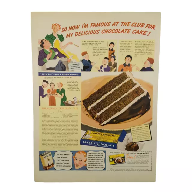 1938 Bakers Chocolate Vintage Print Ad Ambassador Chocolate Cake Recipe