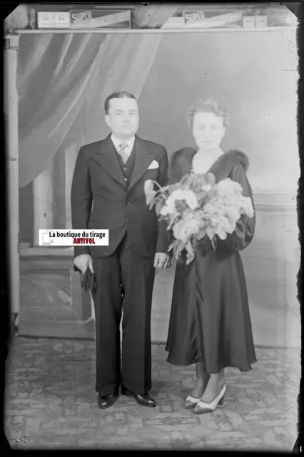 Couple, Amour, Plate Glass Photo Antique, Negative Black White & 10x15 CM