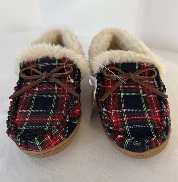 J Crew Shearling Moccasins Slippers Red Tartan Plaid Sz 8 Womens