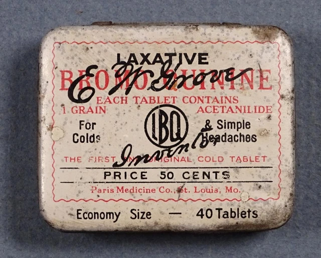 E W Grove Bromo Quinine Pre-1935 Patent Medicine Tin Paris Medicine Co MO  tr28