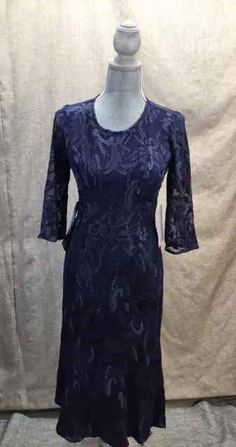 JS Collections Women's Cecily Navy Blue Floral Calf Midi Dress Size 6 NWT