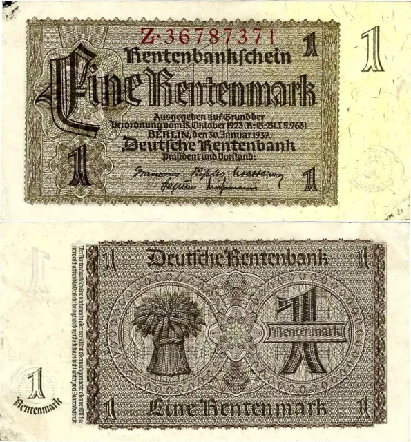 Banknote Rentenbankschein 1 Rentenmark 1937 Berlin DEU-222b Ro.166b P-173b(1)