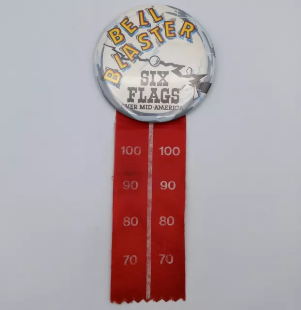 Vintage Six Flags Pinback Button Bell Blaster Over Mid America Game Challenge