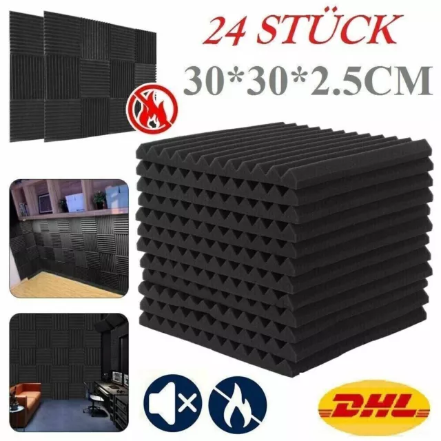 24x Raum Akustik Schall Dämmung Schaumstoff Schallschutz 30*30*2.5CM Schwarz DE