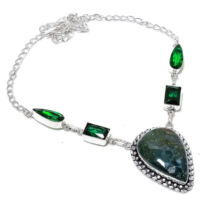 Natural Moss Agate Gemstone Chain Necklace 925 Sterling Silver Jewelry