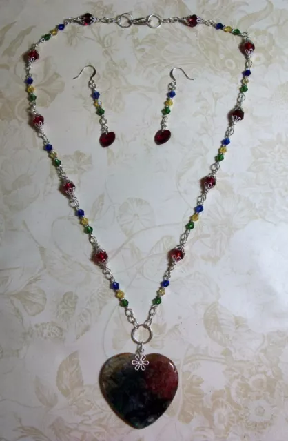 Hand Made Multi-Colored Crystal Necklace W/Agate Druzy Heart Pendant/Earrings