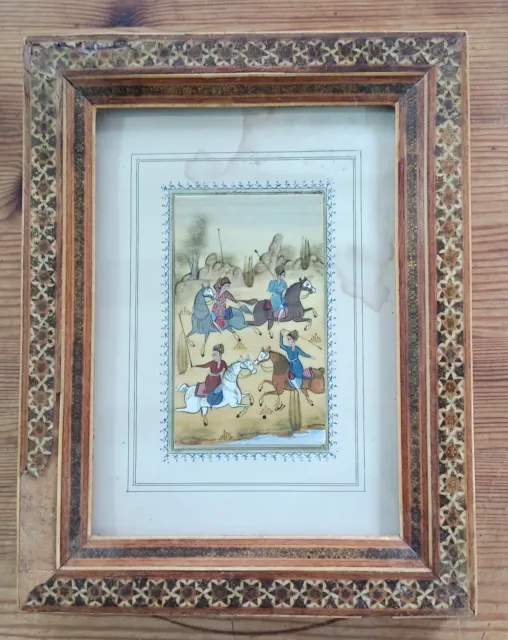 INDO PERSIAN  HORSEMANSHIP PICTURE IN A KHATAM MICRO MOSAIC Vintage FRAME