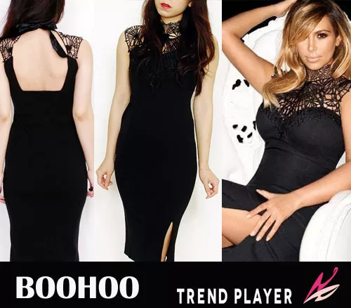 BOOHOO New Black Crochet Lace Overlay High Neck Bodycon Party Dress UK8 UK12