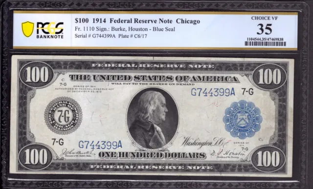 1914 $50 Federal Reserve Note Chicago Fr.1110 Burke Houston Pcgs B Choice Vf 35