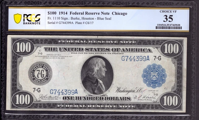 1914 $50 Federal Reserve Note Chicago Fr.1110 Burke Houston Pcgs B Choice Vf 35 1914 $50 Federal Reserve Note Chicago Fr.1110 Burke Houston Pcgs B Choice Vf 35