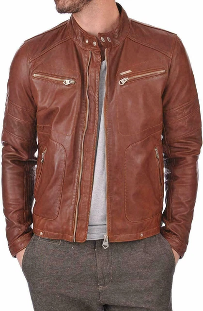 Vintage Cappotto Uomo pelle D'Agnello Classico Biker Giacca Moto Marrone Giacca