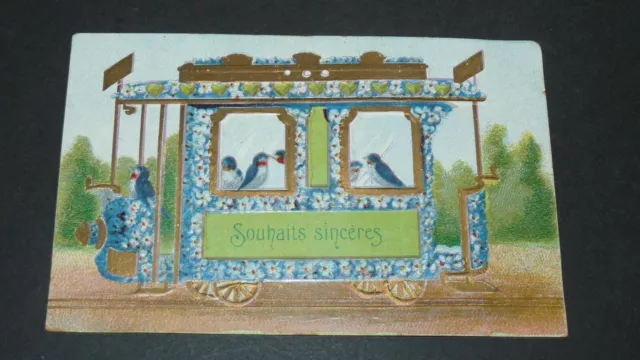 CPA CARTE POSTALE Gaufrée 1900-1909 SOUHAITS SINCERES TRAMWAY OISEAUX