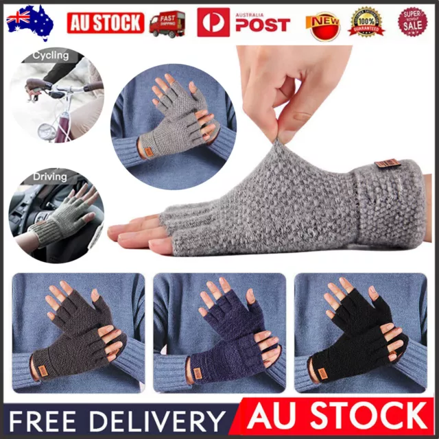 Winter Alpaca Wool Fingerless Gloves Thermal Mens Knitted Half Finger Mittens AU