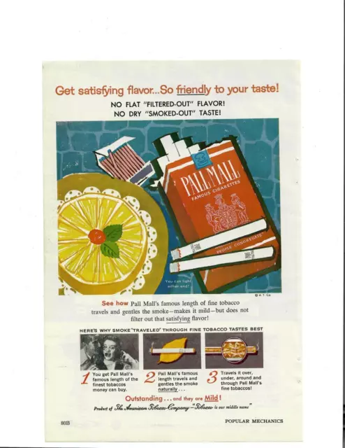 1959 Pall Mall Vintage Print Ad Famous Cigarettes Fine Tobacco Mild Flavor