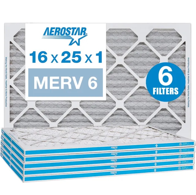 Aerostar 16x25x1 MERV 6 Pleated Air Filter, AC Furnace Air Filter, 6 Pack