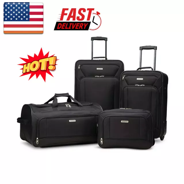 4 Piece Softside Luggage Set Travel Spinner Suitcase Checked Upright Wheeled New