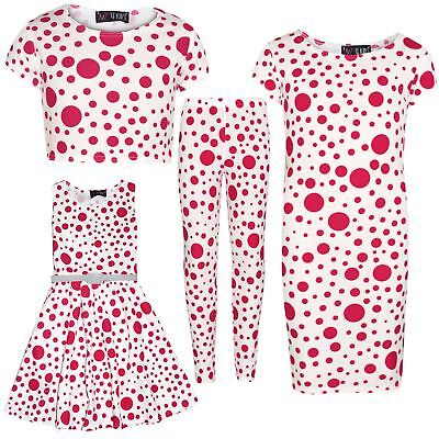 Girls Dresses Kids Pink Polka Dot Print Crop Top Legging Midi Skater Dress 7-13Y