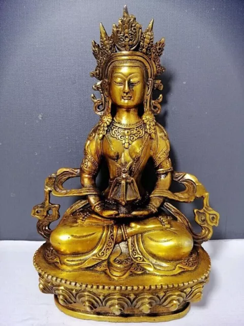 Old Chinese Tibetan Buddhism copper gilt handmade Longevity Buddha statue