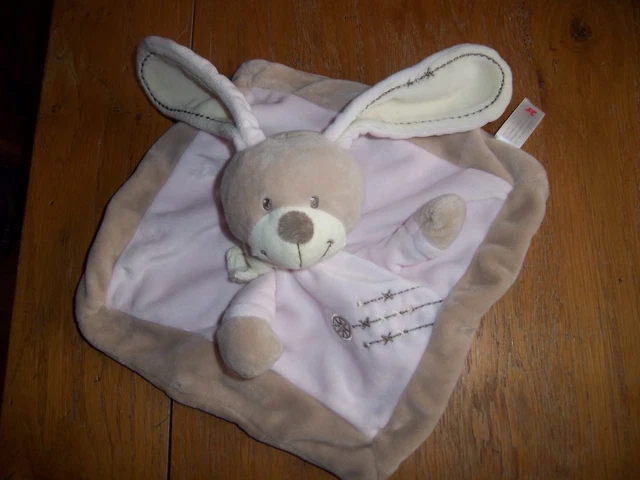 Doudou Nicotoy Simba Lapin Plat Rose et Beige Petites Croix Brodées