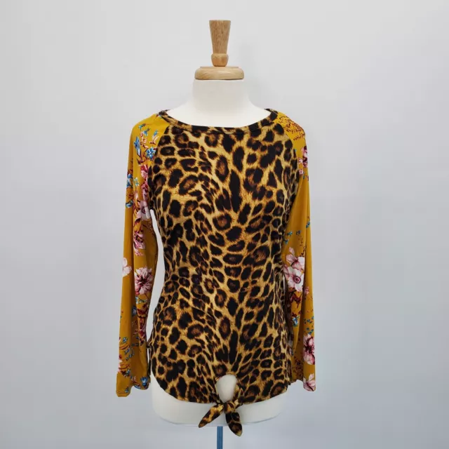 Sweet Claire Womens Floral Leopard Print Front Knot Long Sleeve T-Shirt Size XL
