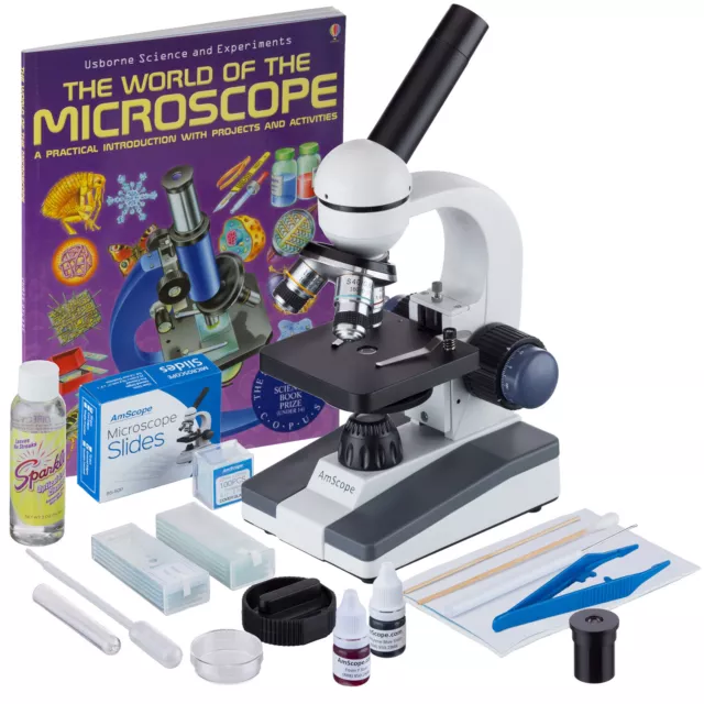 AmScope 40X-1000X Portable Student Compound LED Microscope Kit + Slides + Book