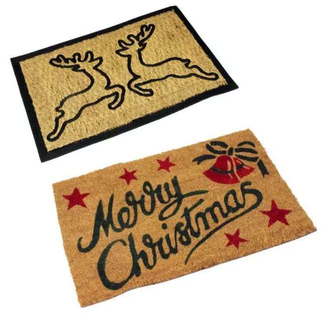 2x Durable Natural Coir PVC Printed Merry Christmas And Reindeer Doormat 40x60cm