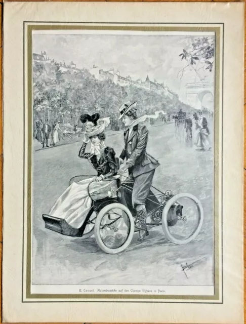 Schwarz-Weiß Druck „Motordroschke auf den Champs Elysees“ nach Edward Cucuel