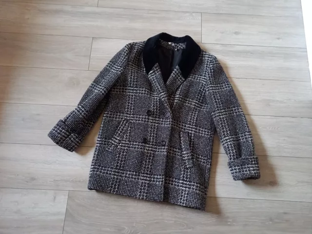 Nuage Black & Grey Woven Wool Blend Jacket Coat Velvet Collar Vintage 80's UK14