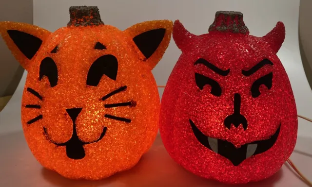 Vintage Red Devil & Orange Kitty Halloween Light Plastic Popcorn Lamp - Tested