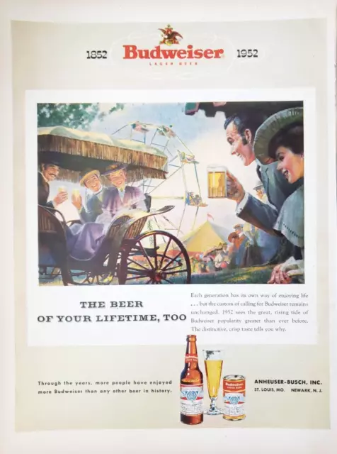 PRINT AD Budweiser Lager Beer 1952 10.5x13 100th Anniversary Ferris Wheel