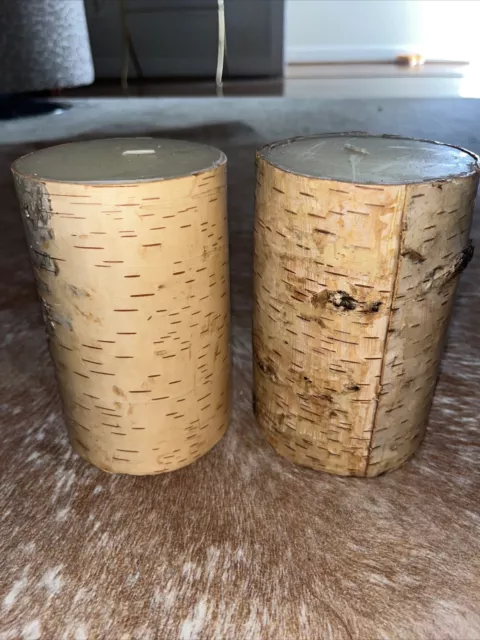 Pottery Barn Birch Bark Real Wax Pillar Candle Unscented New  4X6 Cabin Set Of 2