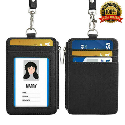ID Wallet Badge Card Holder PU-Leather Vertical Clip Neck Strap Lanyard Necklace
